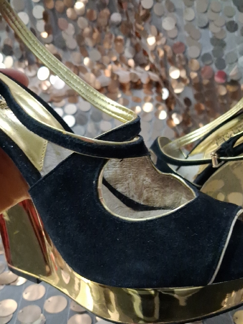 Michael Kors Black Suede and Gold Wedge Sandals - Picture 5 of 12